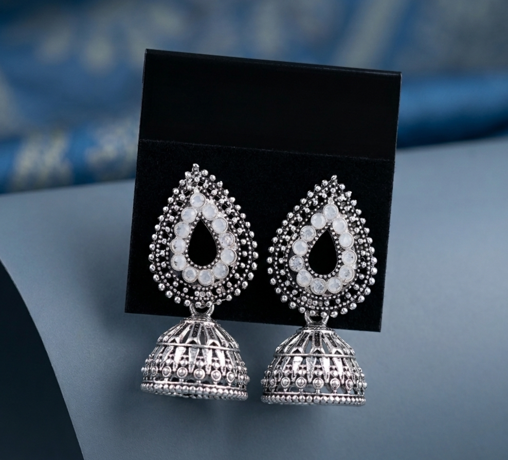 Oxidized Silver Teardrop Jhumka Earrings with White Stone Accents