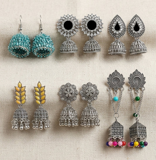 6-Pair Oxidized Silver Jhumka Earrings Combo Set | Traditional Ethnic Jewelry